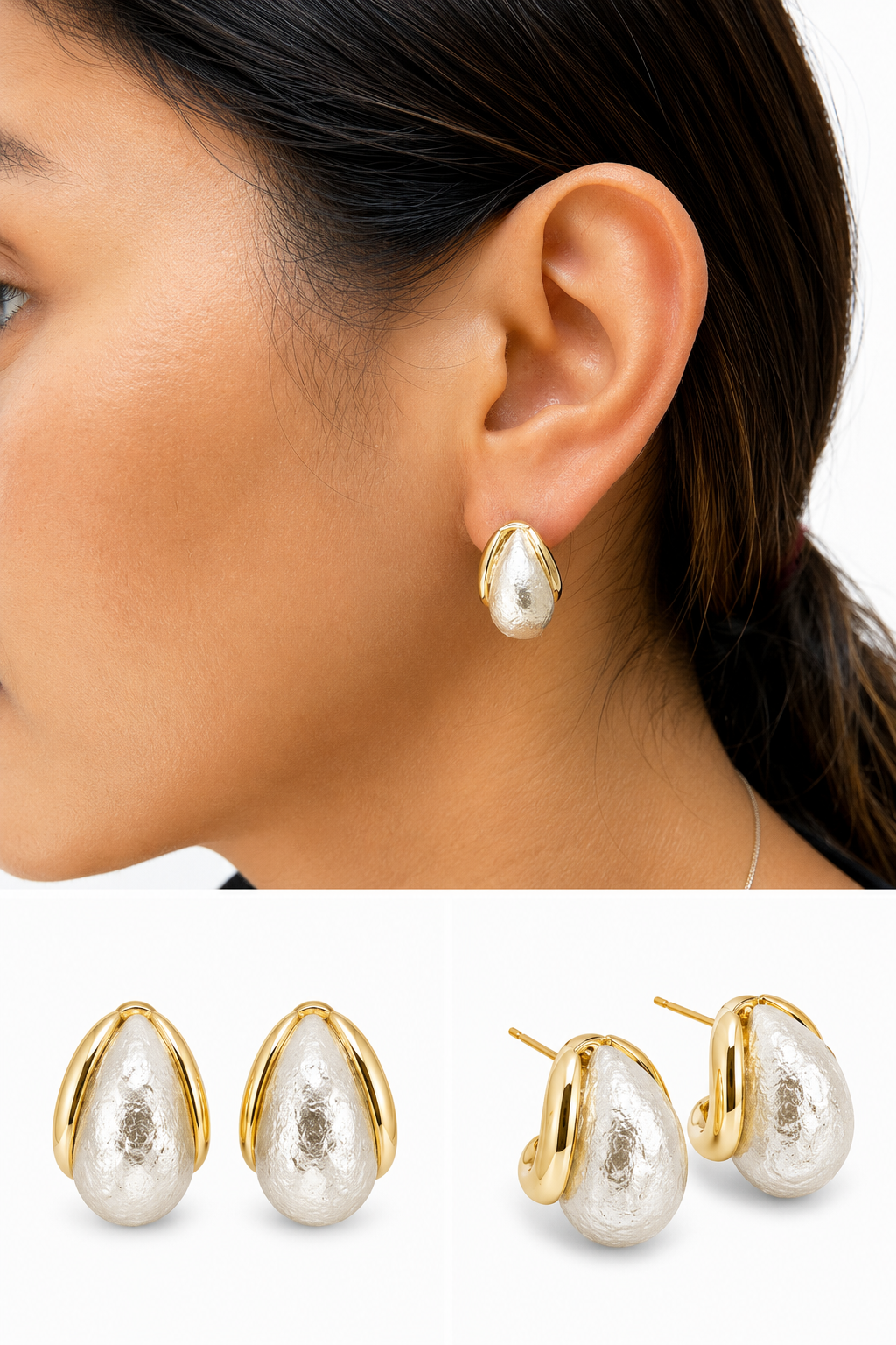 Aretes de Perla Contemporánea Dorada - Imagen 2